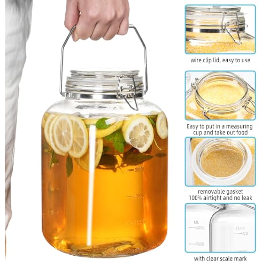 Absovetu Large Clip Top Glass Storage Jar with Lid Airtight 5.7 Litre - Wide Mouth Mason Jar with Handle for Pasta Rice Pickle Cookie Sweet Biscuit Storage Containers