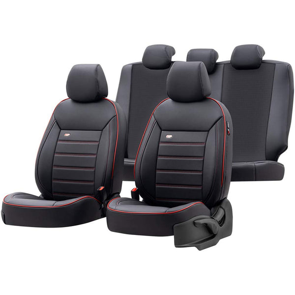 otoM Universal Full-Leather Seat cover set 'Premium' Black + Red trim - 11-pieces - compatible with Side-Airbags