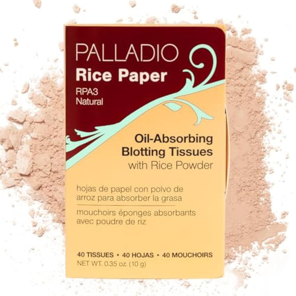 Palladio Rice Paper Facial Tissues for Oily Skin, Face Blotting Sheets Made from Natural Rice, Oil Absorbing Paper with Rice Powder, 2 Sided, Instant Results (Natural, Pack of 6)