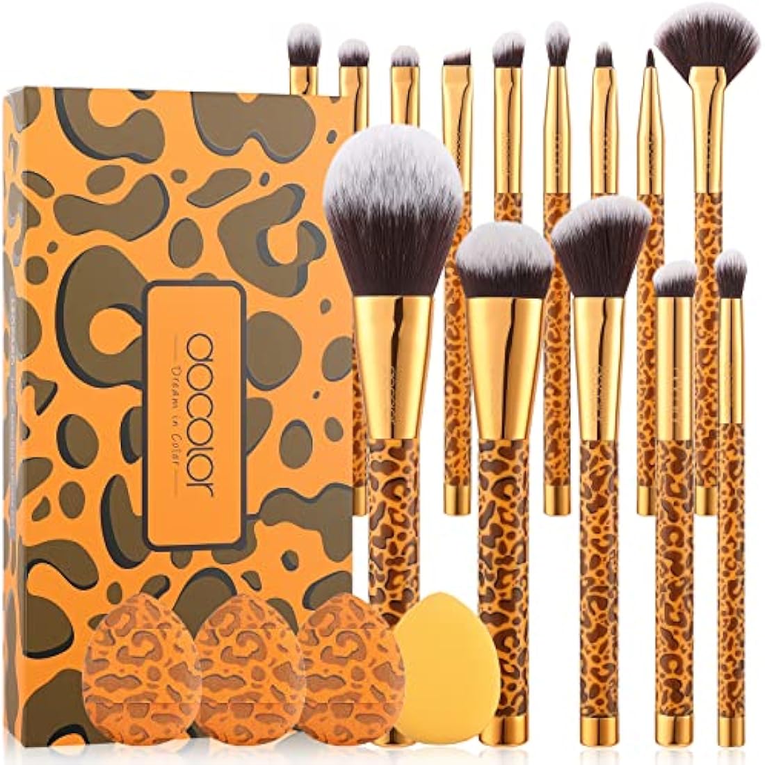 Docolor Leopard Makeup Brushes 14 Pieces with 4 Pieces Finger Puffs Professional Make up Brushes Set Premium Synthetic Kabuki Foundation Blending Brush Face Powder Blush Concealers Eye Shadows