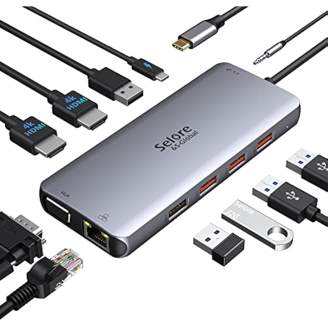 Docking Station Dual HDMI 11 in 1, USB C Hub Multiport Adapter Dual Monitor Laptop Docking Station with 2 HDMI, VGA, RJ45 Ethernet, USB 3.1/2.0, 100W PD for MacBook, Dell, Surface