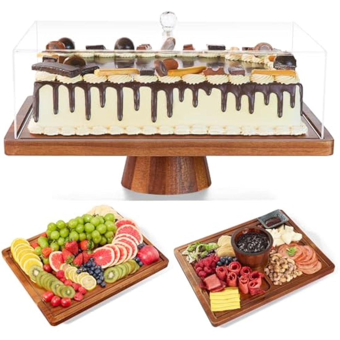 Cake Stand with Lid-Acacia Wood Cake Stand,2-in-1 Shatterproof Serving Platter & Charcuterie Board with Lid, Dessert Table Display for Party,Fruit Tray,Cheese,Veggie,Large Rectangular Cake Dome Cover