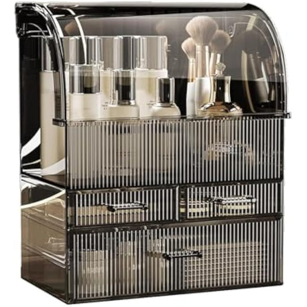 SIOOUI Acrylic Cosmetic Storage Organizer, High Capacity Cosmetics Storage Display Case with Drawers, Perfume Makeup Organizer Box with Water Proof Cover for Bedroom Vanity Desk, Bathroom(Black-XL)