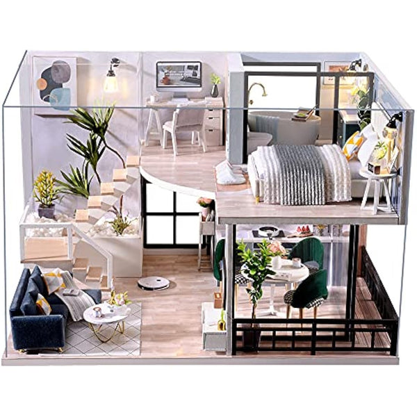 CUTEBEE Dollhouse Miniature with Furniture, DIY Wooden DollHouse Kit Plus Dust Proof and Music Movement, 1:24 Scale Creative Room Idea-L32