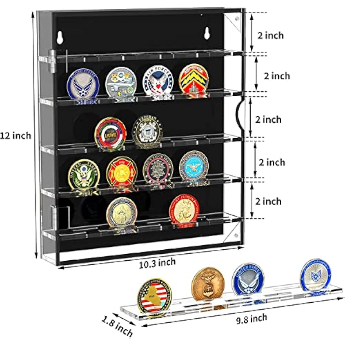 Challenge Coin Wall Display Case, Acrylic Military Challenge Coin Holder with Removable Shelves and Magnetic Door,Coin Box fits 45 Military Medals Poker Chip