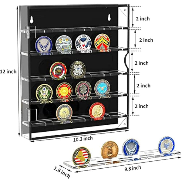Challenge Coin Wall Display Case, Acrylic Military Challenge Coin Holder with Removable Shelves and Magnetic Door,Coin Box fits 45 Military Medals Poker Chip