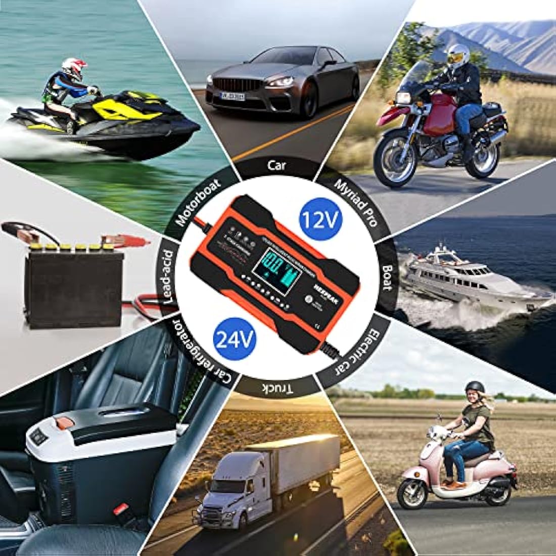 10-Amp Car Battery Charger, 12V and 24V Smart Fully Automatic Battery Charger with Temperature Compensation for Car Truck Motorcycle Marine Lead Acid Batteries