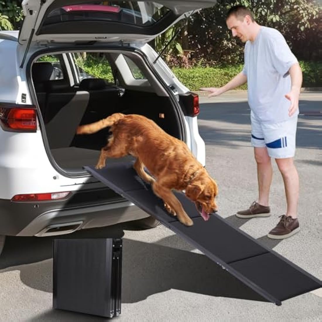 FASNATI Dog Car Ramp, Folding Dog Ramp for Car with Non-Slip Surface, Lightweight Aluminum Frame, Portable Pet Ramp for Medium, Large, and Older Dogs to Get into Cars and SUVs