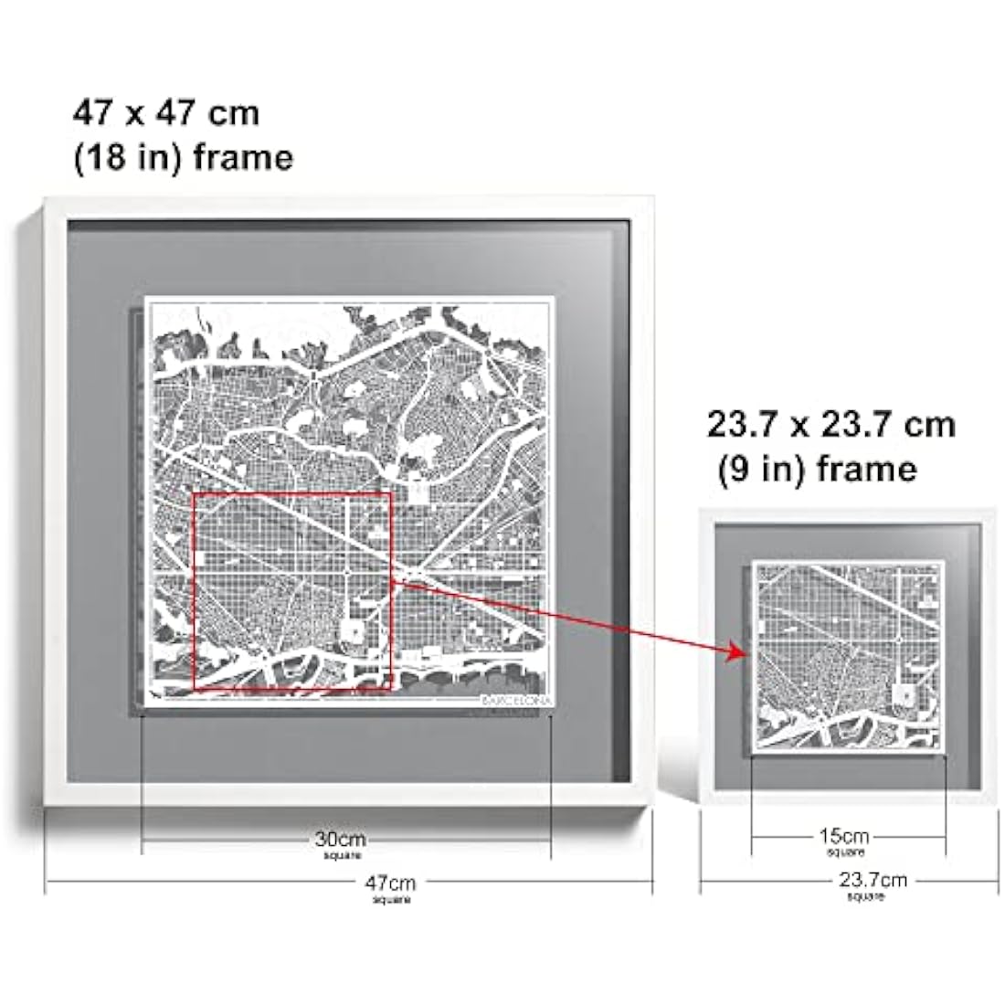 O3 DESIGN STUDIO Barcelona Marco de Papel para mapas, White map, White frame, 9x9 inches, Gift Boxed, 4 background color, self-changing, Paper Art