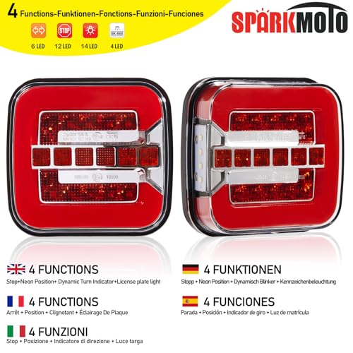 SPARKMOTO LED Trailer Rear Lights - Waterproof, 12V/24V Universal, 4 Functions With License Plate Light, IP67 Submersible