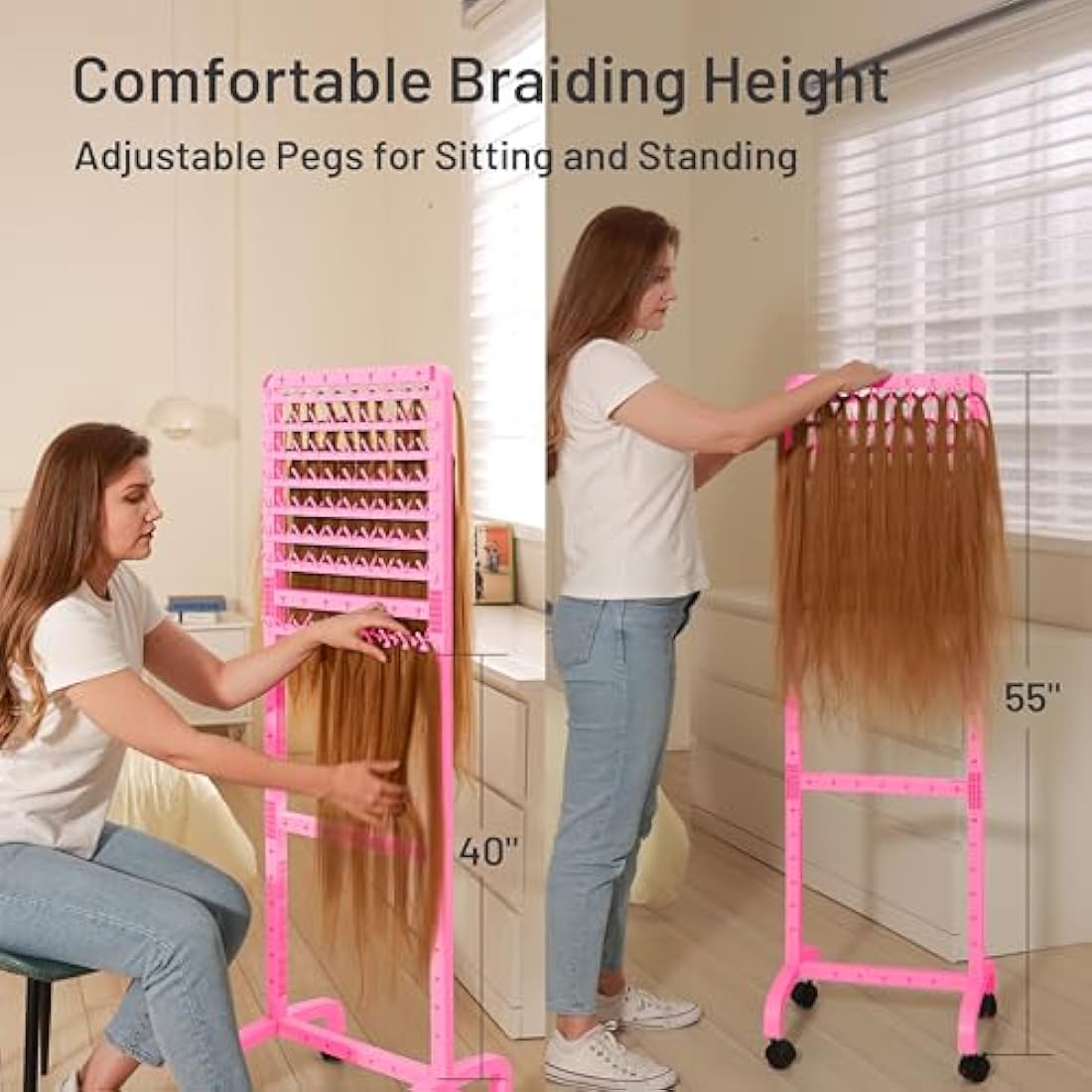 Adjustable Braiding Hair Rack with 160 Pegs, 2-sided Braid Rack for Braiding Hair, Movable Hair Racks for Braiders Standing with Wheels, Hair Extension Holder for Braiders, Hairstylists