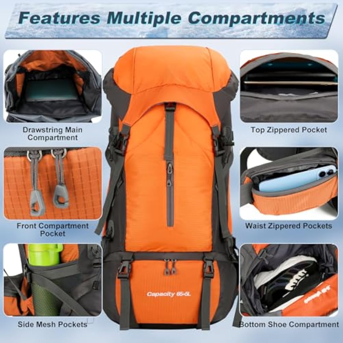 Durable 70L Hiking Camping Backpack with Waterproof Rain Cover, Lightweight Outdoor Sport Travel Daypack 65L+5L Rucksack for Climbing Touring Ultralight High-Capacity for Men and Women