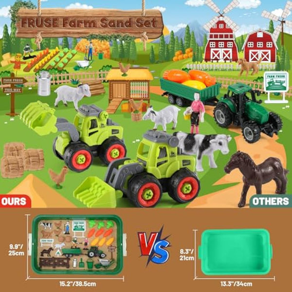 FRUSE Play Sand Farm Animal Toys,Sandbox Toys Set for Toddlers w/1 KG Play Sensory Sand, Farm Toy Figures and Tractor Truck Playset,Sensory Sandbox with Cover for Boy Girl Kid Age 3 4 5 6 7 8 9