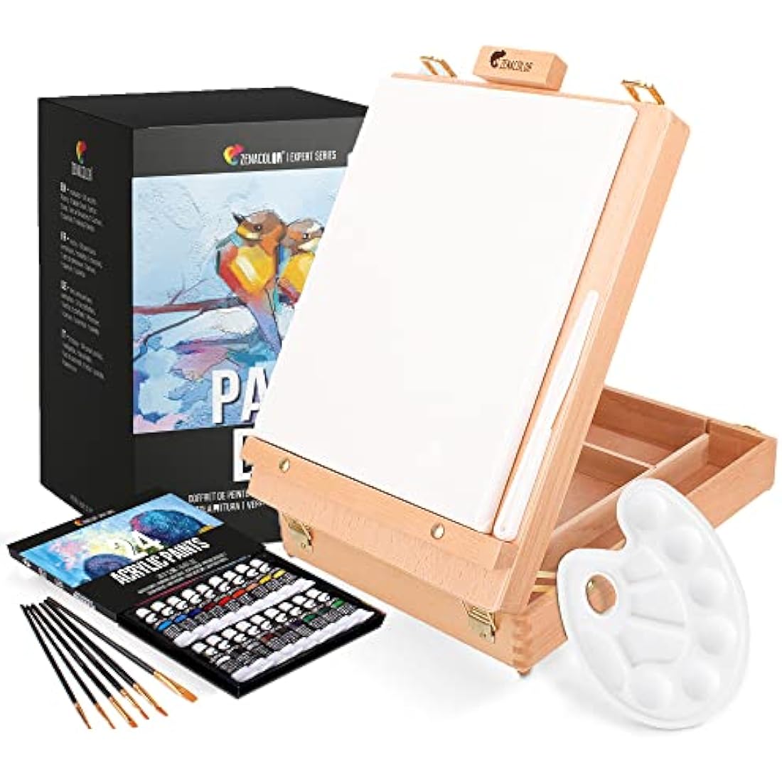 Acrylic Paint Set for Artists - with Box, Wood Easel, 24 Tubes of Acrylic Paints, 6 Paintbrushes, Blank Canvas, Spatula, and Mixing Palette - Portable Travel Kit