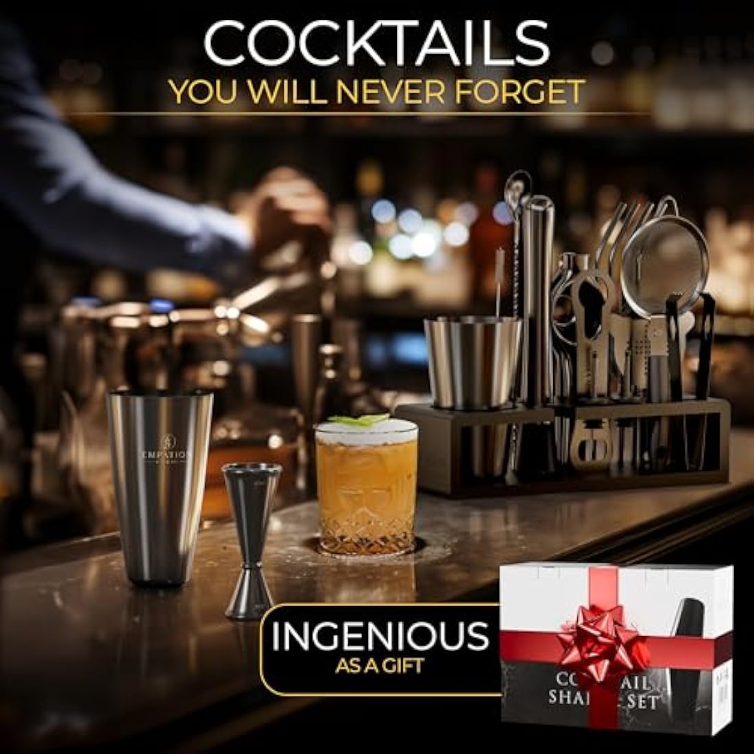 EMPATION Cocktail Making Kit Black, 825ml Cocktail Shaker, 18 Piece Cocktail Set, Boston Cocktail Shaker Set without jamming, Cocktail Kit for Pros & Beginners, Bartender Kit, Cocktail Maker Set