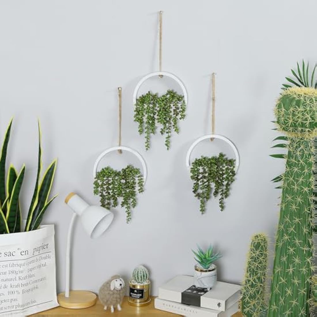 Hobyhoon Hanging Plant Artificial Succulents Fake String of Pearls Plants 12.2'' in Wooden Pot for Indoor Outdoor Wall Decor (1PCS)