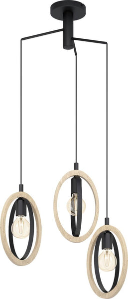 Eglo Pendant lamp Basildon, 3-Light Hanging lamp Vintage, Industrial, Retro, Made of Steel and Wood in Black, Natural, Dining Table lamp, Hanging