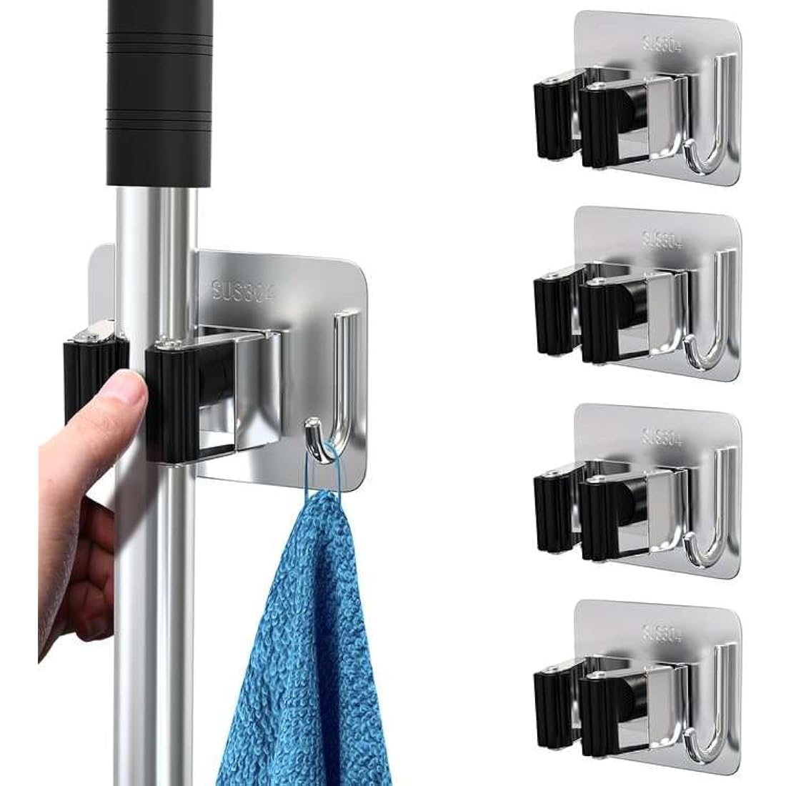 homeasy Mop Broom Holder, 4 Pcs Stainless Steel Self Adhesive Mop Holder Wall Mounted with Hooks Hanger Self-Adhesive Broom Holder (Siver Mix)