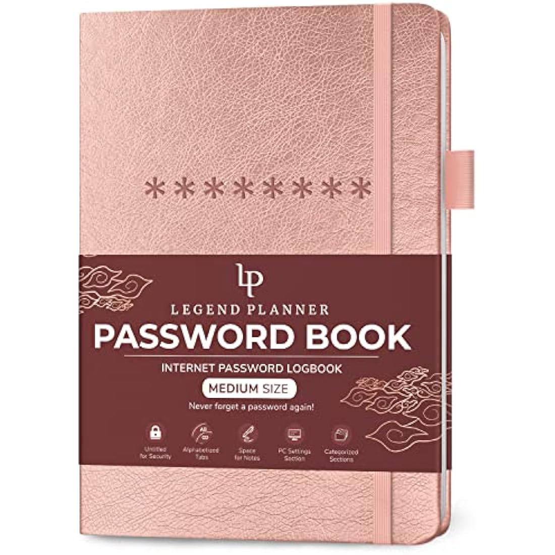 Legend Planner Password Book with Alphabetical tabs. Internet Address Keeper Logbook. Journal for Website Logins, Medium 13x19.5cm (Rose Gold)