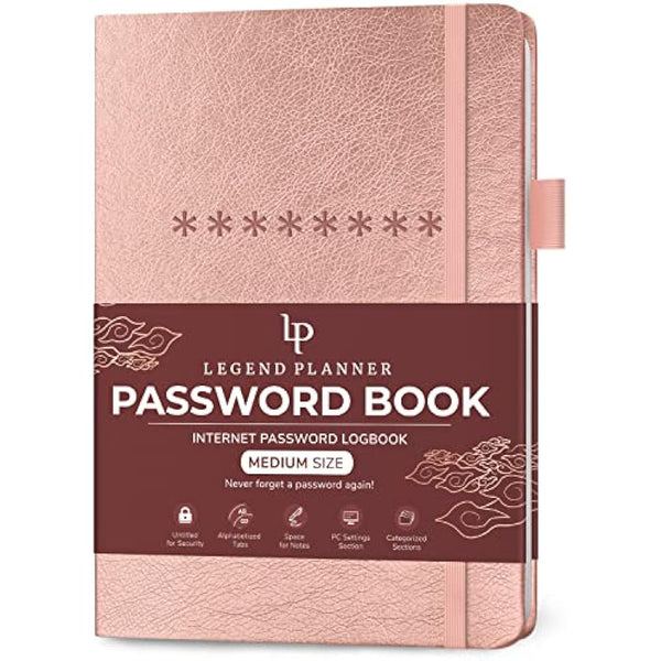 Legend Planner Password Book with Alphabetical tabs. Internet Address Keeper Logbook. Journal for Website Logins, Medium 13x19.5cm (Rose Gold)