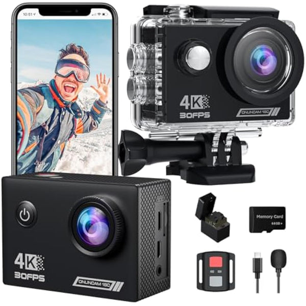 Yolansin 4K30FPS Action Camera with 64GB SD Card, Pre-recording 20MP Underwater Camera, 131FT Waterproof Cameras,2.4G Remote Control 170°Sports Camera, 2 Batteries Helmet Accessories Kit