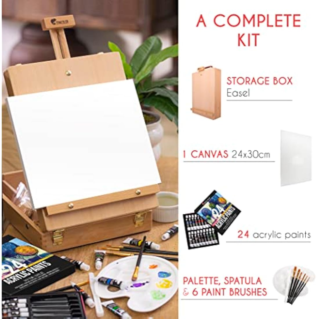 Acrylic Paint Set for Artists - with Box, Wood Easel, 24 Tubes of Acrylic Paints, 6 Paintbrushes, Blank Canvas, Spatula, and Mixing Palette - Portable Travel Kit
