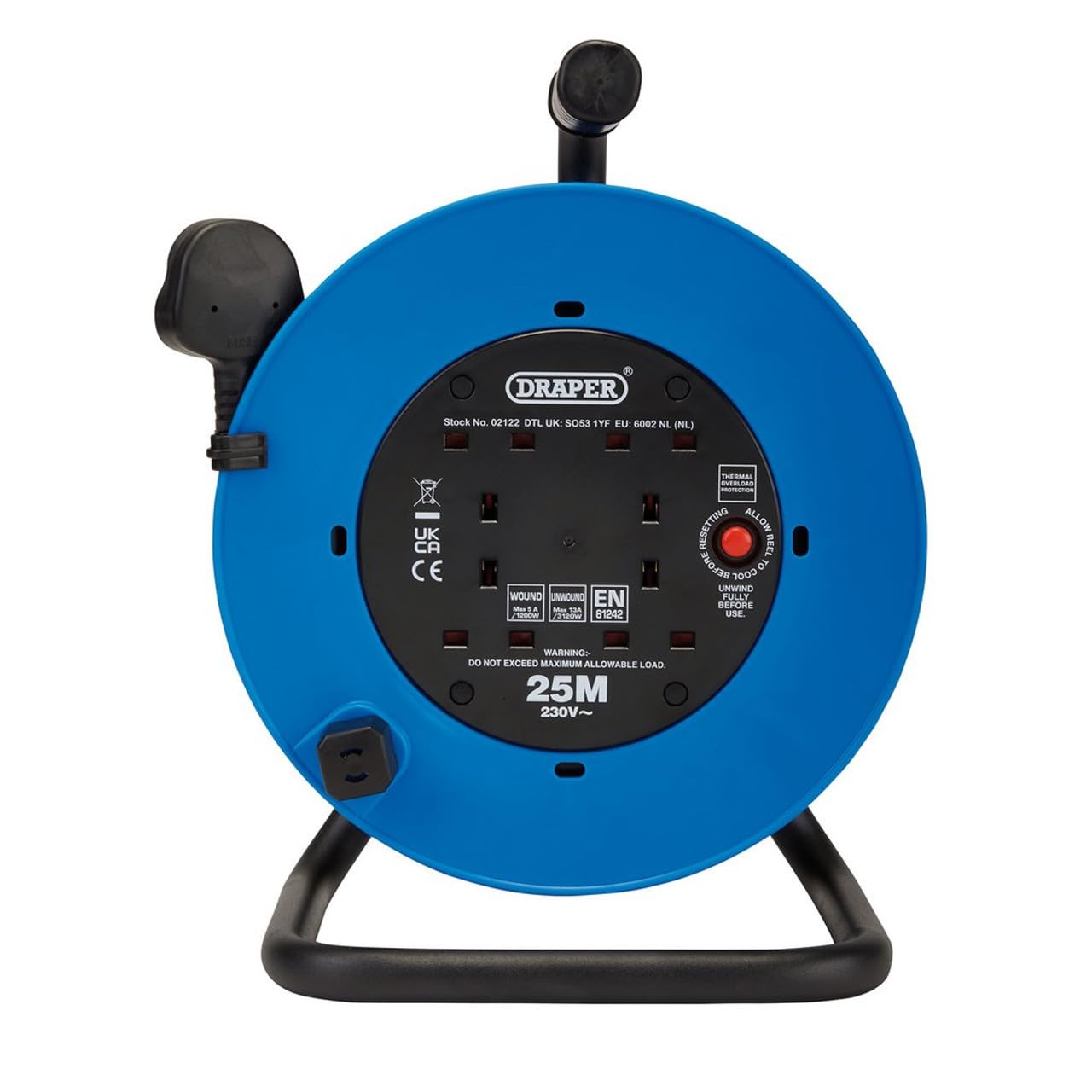 Draper 02122 230V Heavy Duty Industrial Four Socket Cable Reel (25M)
