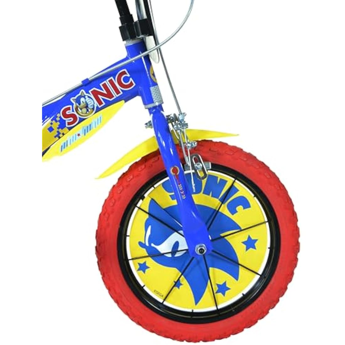 Dino Bikes, 614-SC Kids Bike Bicycle, Sonic The Hedgehog, 14 inch with training wheel with stabilisers and drinks bottle, suits child 4-7 Years, Blue, Yellow, Red