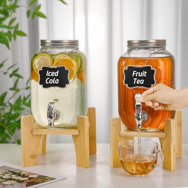 Hisredsun 2 x 4L Glass Drink Dispenser with Stand,Beverage Dispenser, Glass Water Juice Dispensers with Tap, Water jug with tap Perfect for Parties/Weddings/Birthdays