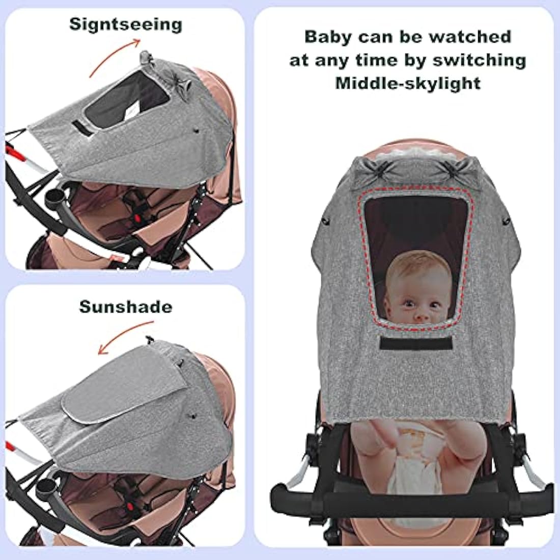 Universal Buggy Pram Sunshade, Hantoc Pram Baby Sun Shade Sun Cover with Viewing Window for Strollers Pushchairs UV Protection Water Resistant Grey