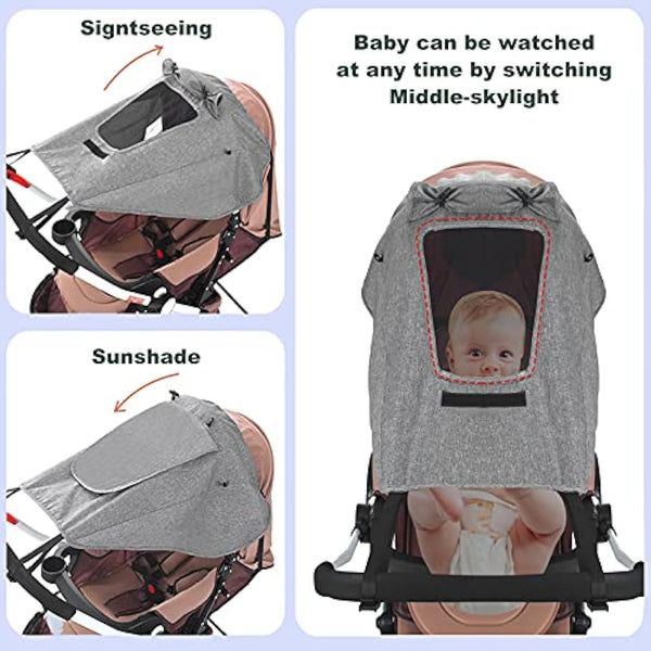 Universal Buggy Pram Sunshade, Hantoc Pram Baby Sun Shade Sun Cover with Viewing Window for Strollers Pushchairs UV Protection Water Resistant Grey