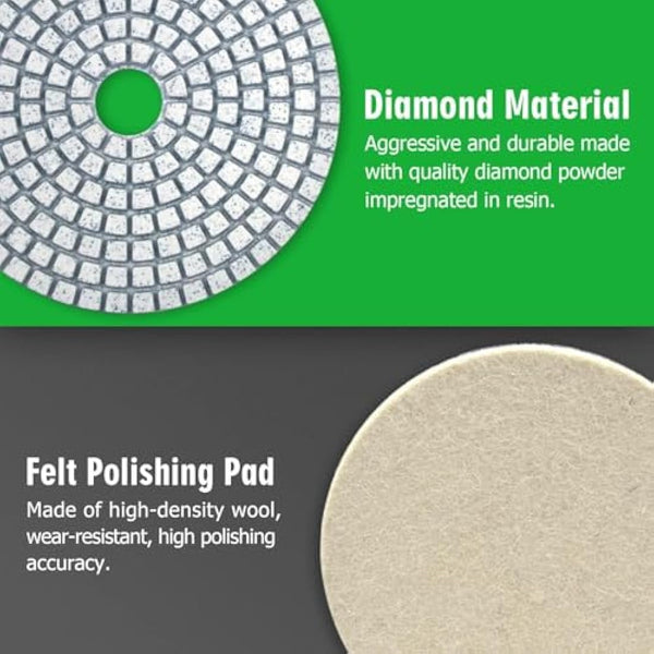 4 Inch Diamond Polishing Pads with 5/8’’-11 Backer Pad, 12PCS Wet/Dry Granite Stone for Drill, Grinder, Polisher, 50-6000 Grit Polishing Pad for Concrete Marble Stone Countertop Quartz