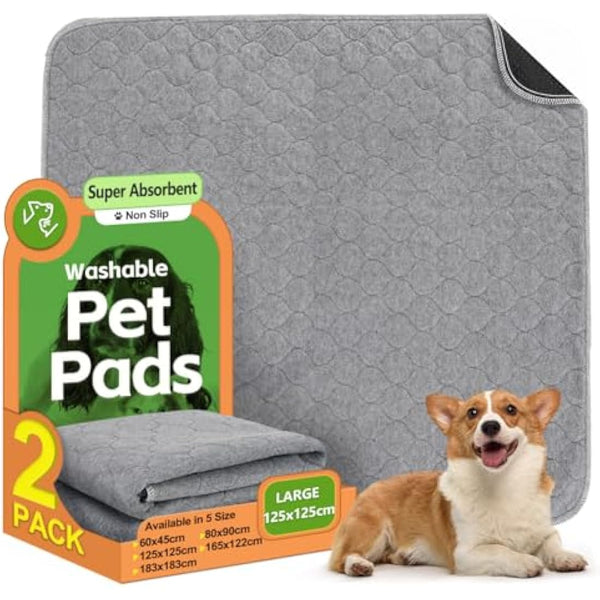 2 Pack Washable Dog Pee Pads - Instantly Absorbent and Reusable for Puppy Training - Waterproof Pet Mat for Dogs, Rabbits, Bunnies, and Small Animals - 125x125cm