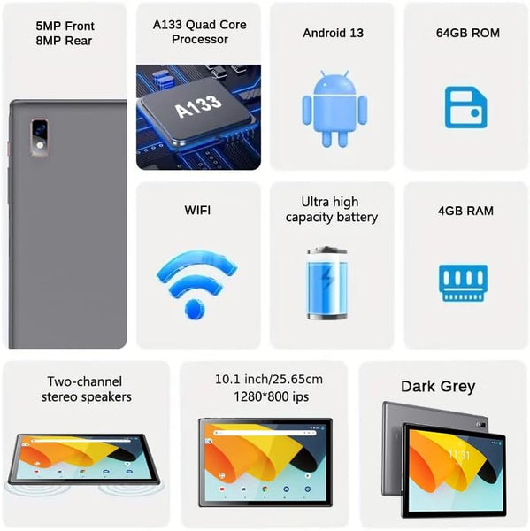 BYYBUO Android 13 Tablet,10.1 inch Tablet with Case, 64GB ROM Quad-Core Processor 5000mAh Battery, 1280x800 IPS FHD Touchscreen 5MP+8MP Camera, Bluetooth, WiFi, SmartPad Gray