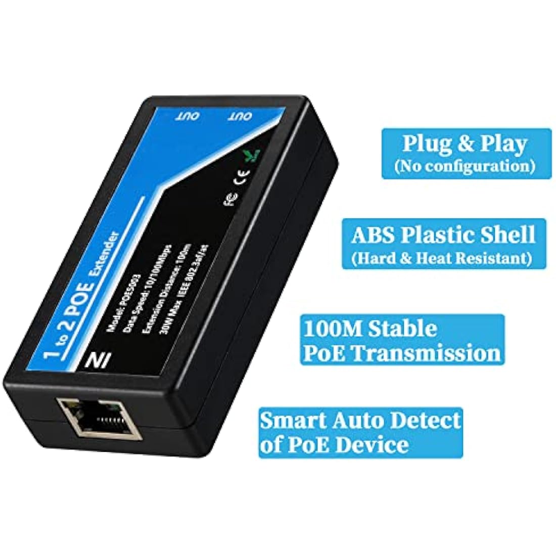 2 Port POE Extender Comply IEEE 802.3af/at Standard 10,100Mbps, POE Repeater 100 meters(328 ft) Extender 1 in 2 Out for POE IP Camera over Cat5/Cat6 or Better UTP Cables (POE5003)