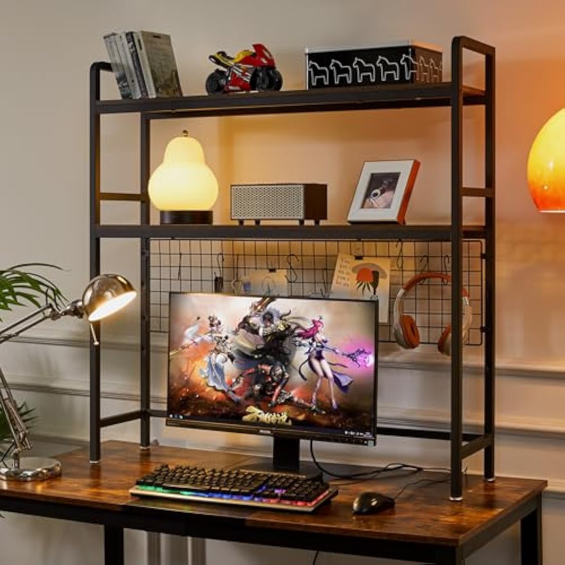 IBUYKE Computer Desktop Bookcase 2-Tier 37.5 Inch Multipurpose Wood Desk Hutch Bookshelf for Computer with Adjustable Shelf Display Rack Desk Organizer for Office Home Dormitory,Brown TMZ003H