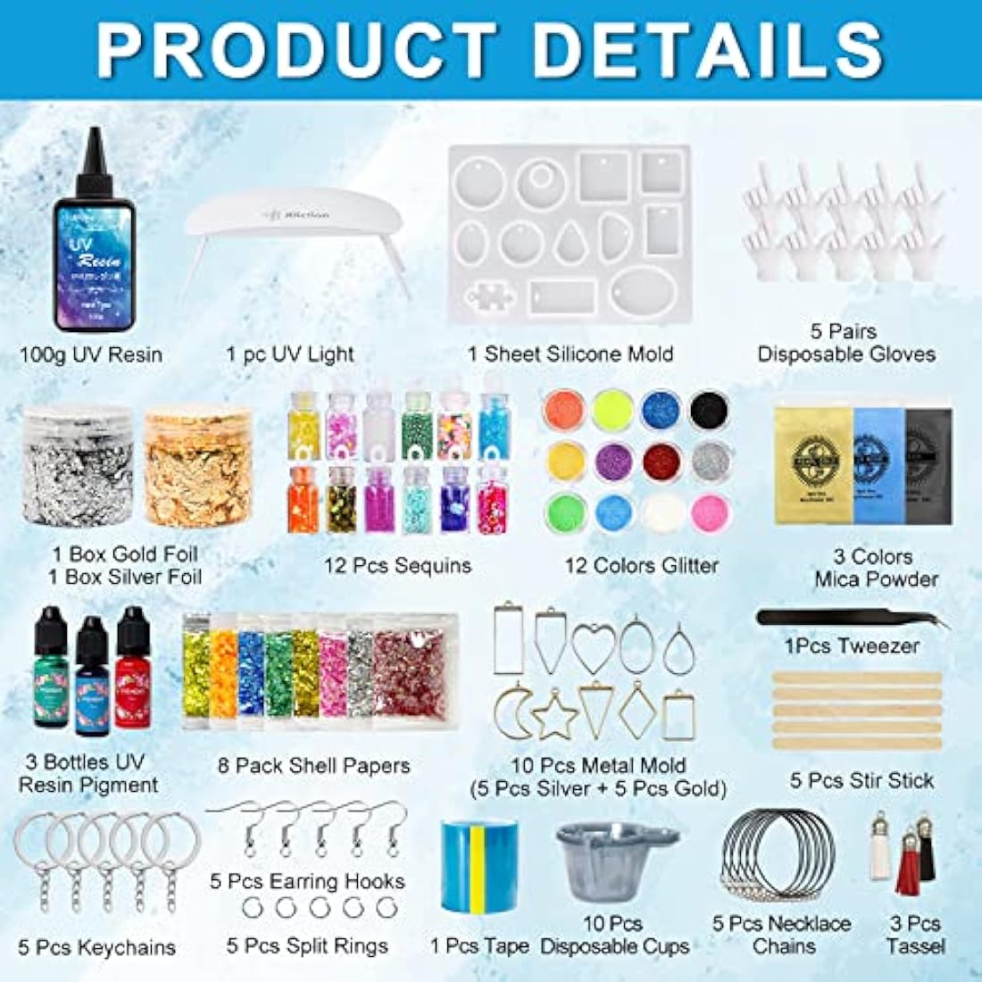 JDiction UV Resin Kit with Light, Super Crystal Clear Hard Resin Sunlight Curing Starter Kit for Jewelry, Doming, Coating, and Casting, DIY Craft