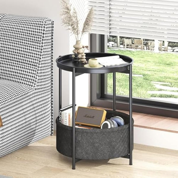 Huhote Side Table, Round End Table with Fabric Basket, Small Bedside Tables, Nightstand Sofa Tables for Living Room, Bedroom, Bathroom, Balcony, Modern Style (Black)