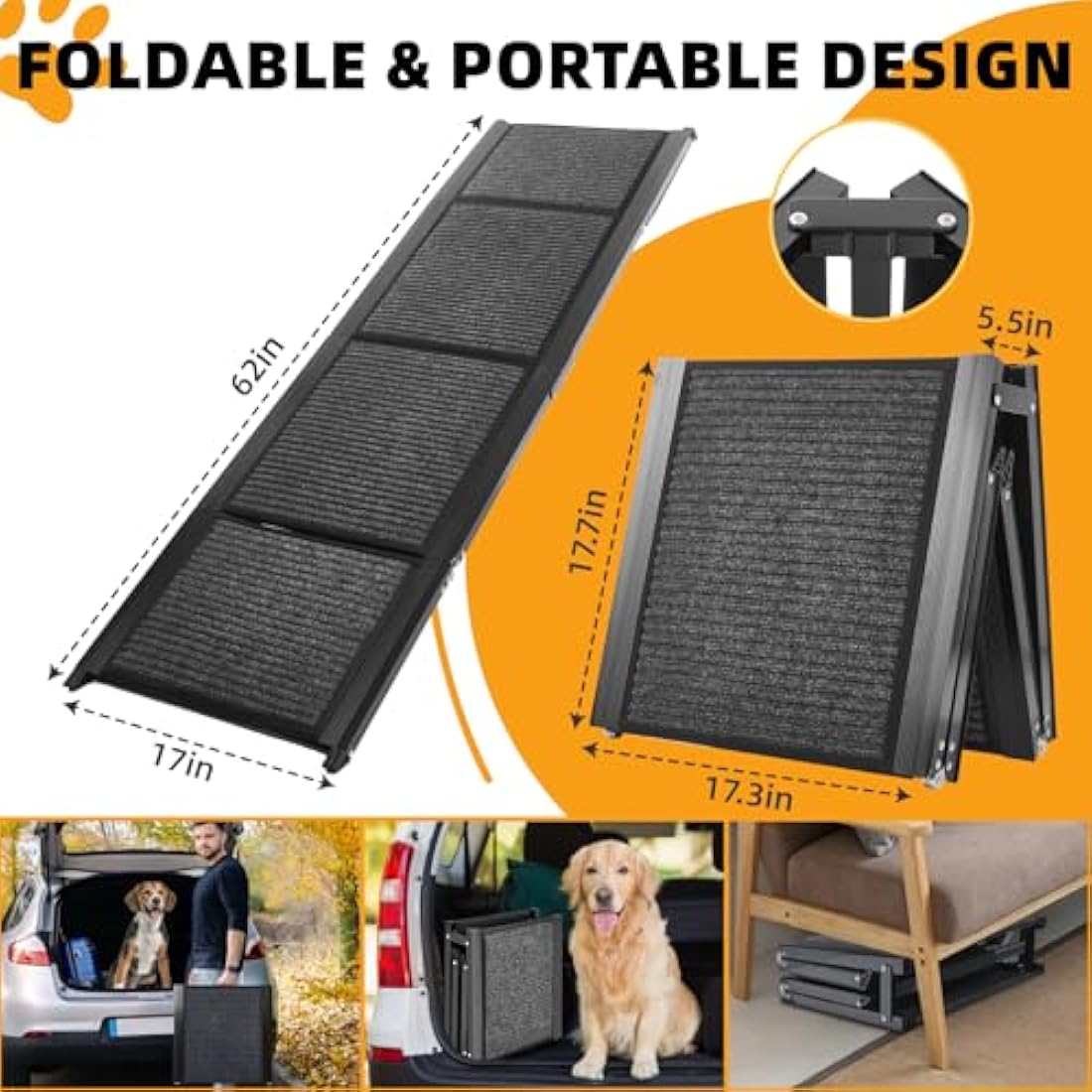 Papettly Folding Dog Ramp - 158 * 44CM, Anti-Slip Surface, Portable Pet Stair Ramp for Large Dogs Up to 250LBS/113KG, Suitable for Cars, SUVs & Trucks