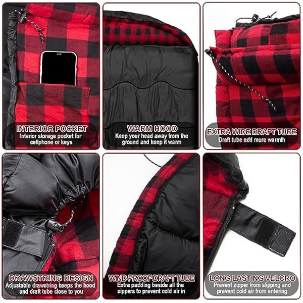 FORINBUY Winter Cotton Flannel Double Sleeping Bag for Adults - 0 degree Queen Size 2 Person Sleeping Bag, Waterproof & Warm for Cold Weather, Ideal for Couples, Family Camping & RV Travel