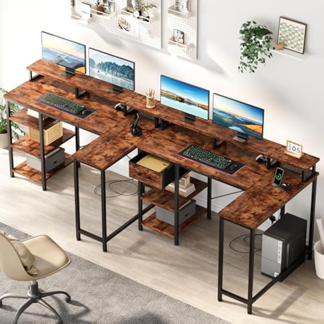 Dripex L Shaped Desk with Power Outlet Corner Computer Desk with Storage Shelves & Fabric Drawer, Study Writing Table Gaming Desk for Home Office L120xW80xH88cm