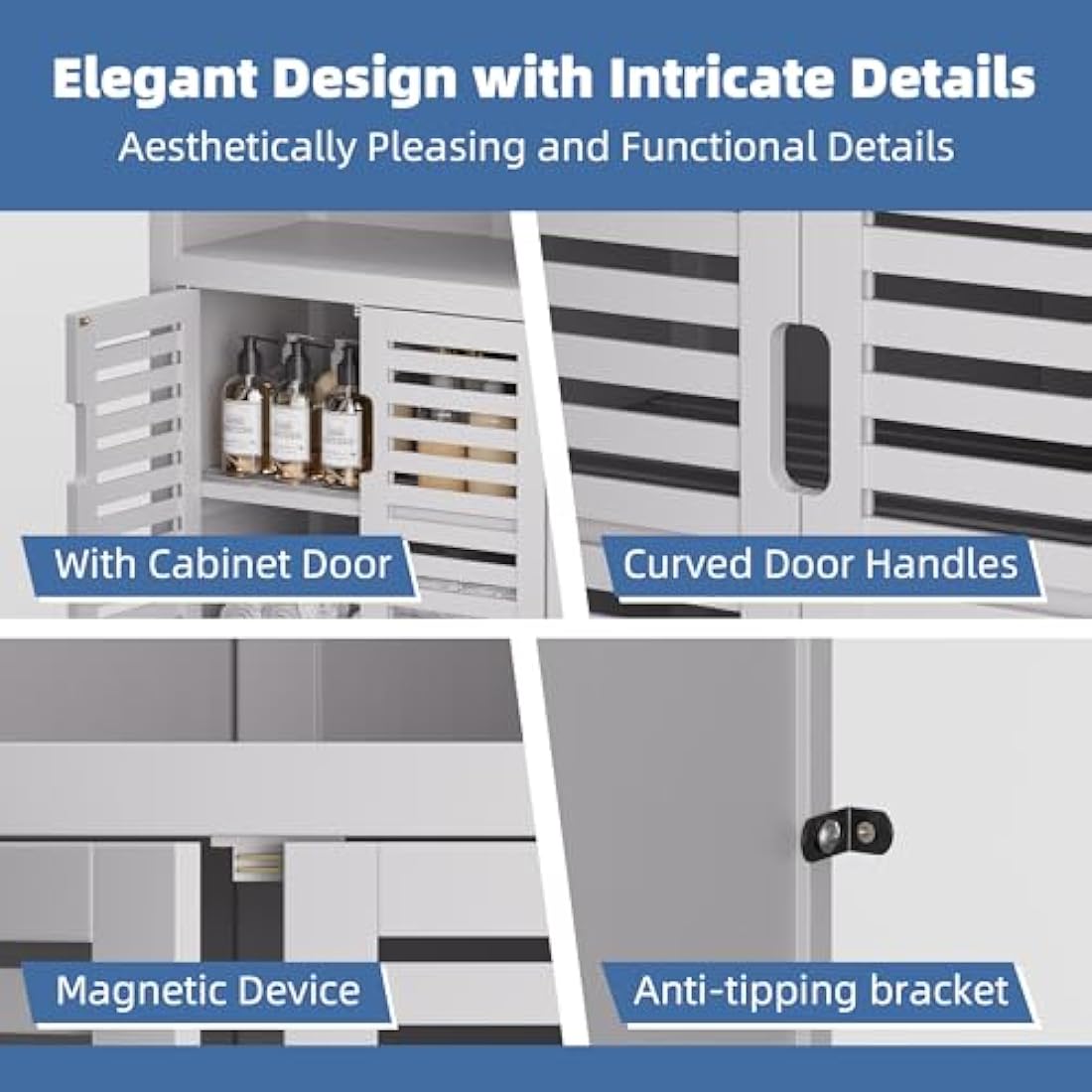 HITNET Bathroom Floor Storage Cabinet, Bamboo Freestanding Kitchen Organizer Rack with Double Doors and 2 Removable Shelves, White