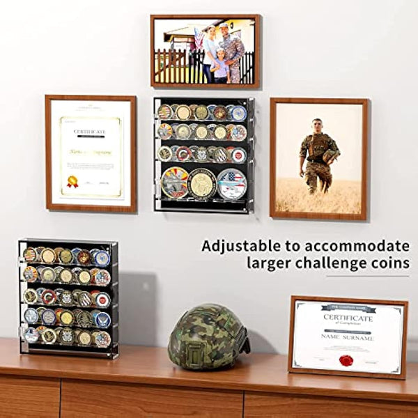 Challenge Coin Wall Display Case, Acrylic Military Challenge Coin Holder with Removable Shelves and Magnetic Door,Coin Box fits 45 Military Medals Poker Chip