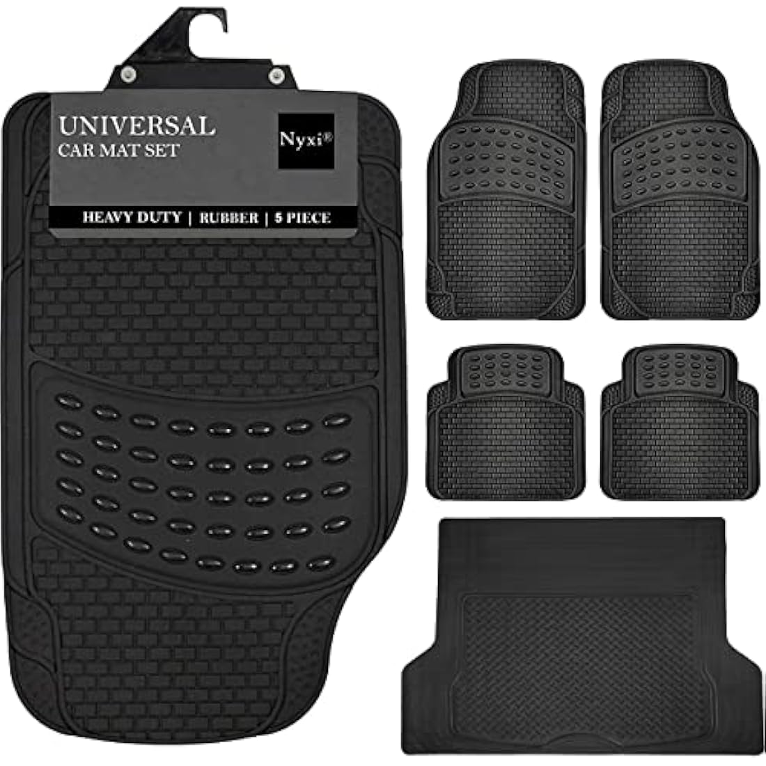 Nyxi 5 Piece Rubber Car Mat XL Boot Mat (Front + Rear + Boot Mat 137cm X 110cm) Universal Non-Slip Deep Dish Heavy Duty for Cars SUV Truck and VAN, Water Proof, All Weather