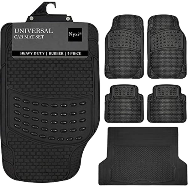 Nyxi 5 Piece Rubber Car Mat XL Boot Mat (Front + Rear + Boot Mat 137cm X 110cm) Universal Non-Slip Deep Dish Heavy Duty for Cars SUV Truck and VAN, Water Proof, All Weather