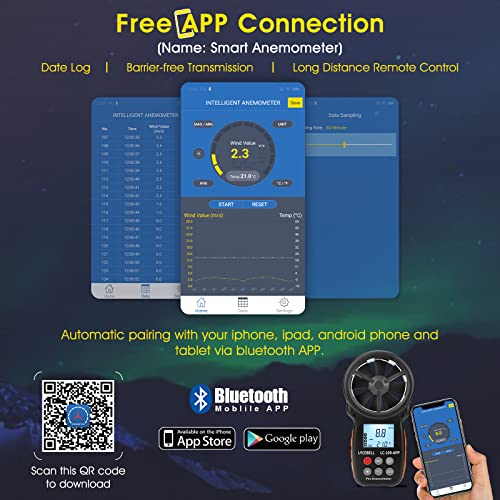 Anemometer Handheld, LC-100-APP Digital Wind Speed Meter APP Connect with Wireless Bluetooth for Measuring Wind Chill, Wind Speed, Temperature, Air