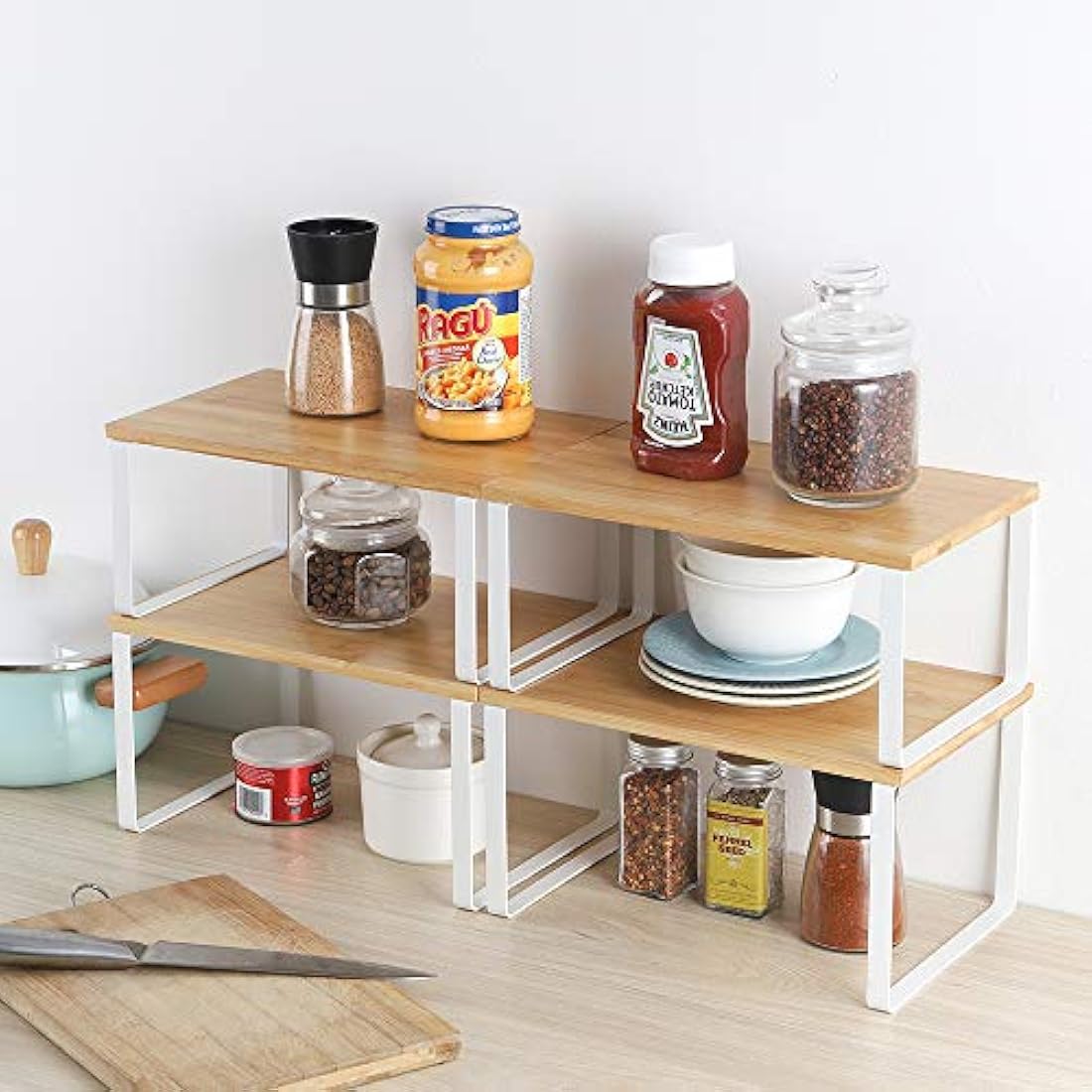 4-Pack Bamboo Kitchen Shelf Organizer for Cabinet, Expandable & Stackable Counter Cupboard Organiser, Storage Rack for Bathroom, Kitchen, Laundry Room White