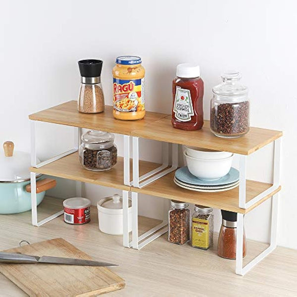 4-Pack Bamboo Kitchen Shelf Organizer for Cabinet, Expandable & Stackable Counter Cupboard Organiser, Storage Rack for Bathroom, Kitchen, Laundry Room White
