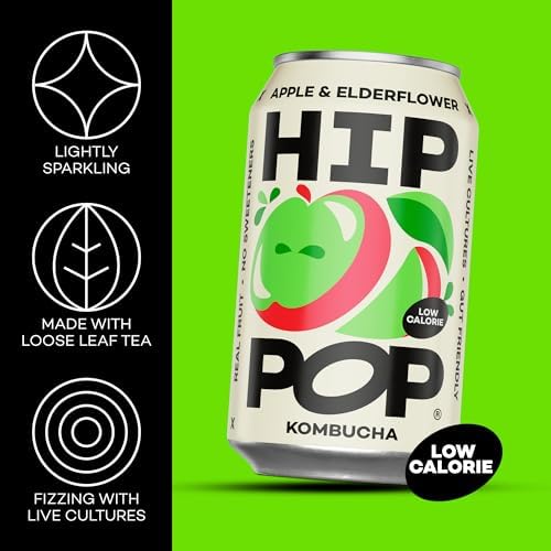 Hip Pop Kombucha, Apple & Elderflower, Low Calorie, 100% Natural, Vegan, Branding of Cans May Vary, 24 x 330 ml