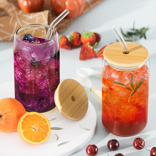 Finew [12 Packs] Drinking Glasses with Bamboo Lids and Glass Straws, 16oz Iced Coffee Cup, Can Shaped Glass Cups, Smoothie Cup, Glasses Tumbler for